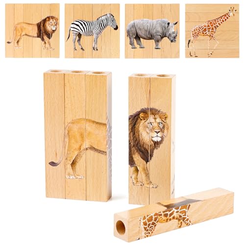 Joyreal Wooden Animal Chunky Puzzles for Toddlers Joyreal Montessori 4 in 1 Safari Animal Block Puzzle Toy Preschool Learning Educational Interactive Toys Gift for Toddlers 2 3 4 5 6 Years Old - Image 1