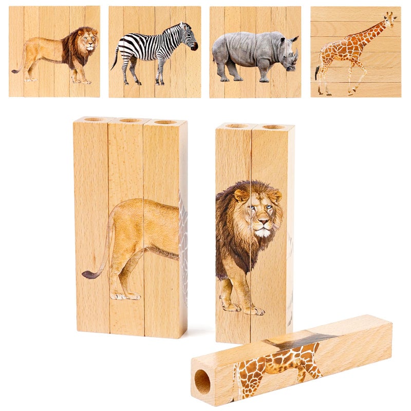 Joyreal Wooden Animal Chunky Puzzles for Toddlers Joyreal Montessori 4 in 1 Safari Animal Block Puzzle Toy Preschool Learning Educational Interactive Toys Gift for Toddlers 2 3 4 5 6 Years Old - Image 3