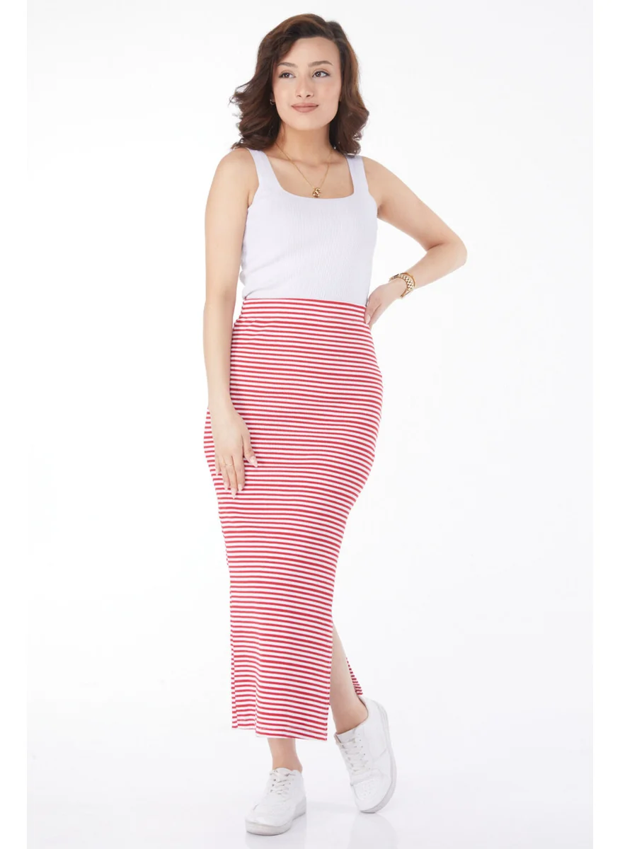 Tofisa 24664-RED Striped Slit Skirt
