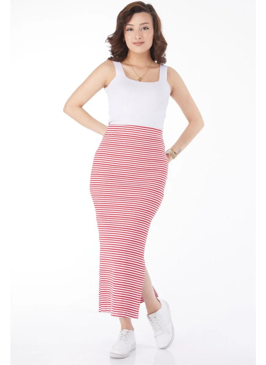 Tofisa 24664-RED Striped Slit Skirt