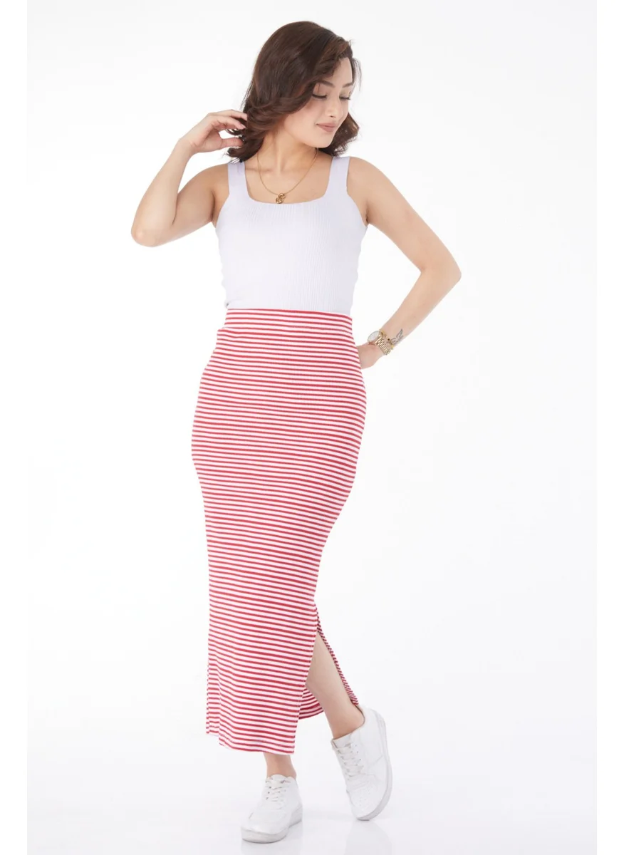 Tofisa 24664-RED Striped Slit Skirt