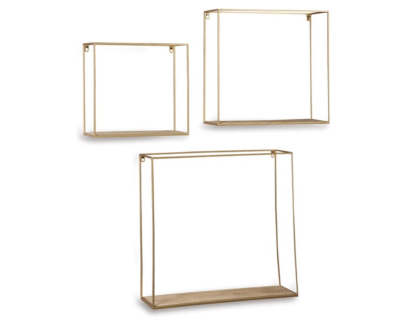 Signature Design by Ashley Efharis Shadow Box Set, 3 Piece Wall Shelf, Natural & Gold Finish - Image 1