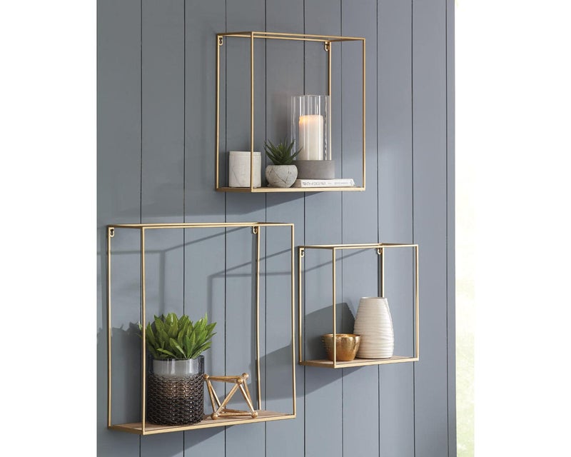 Signature Design by Ashley Efharis Shadow Box Set, 3 Piece Wall Shelf, Natural & Gold Finish - Image 3
