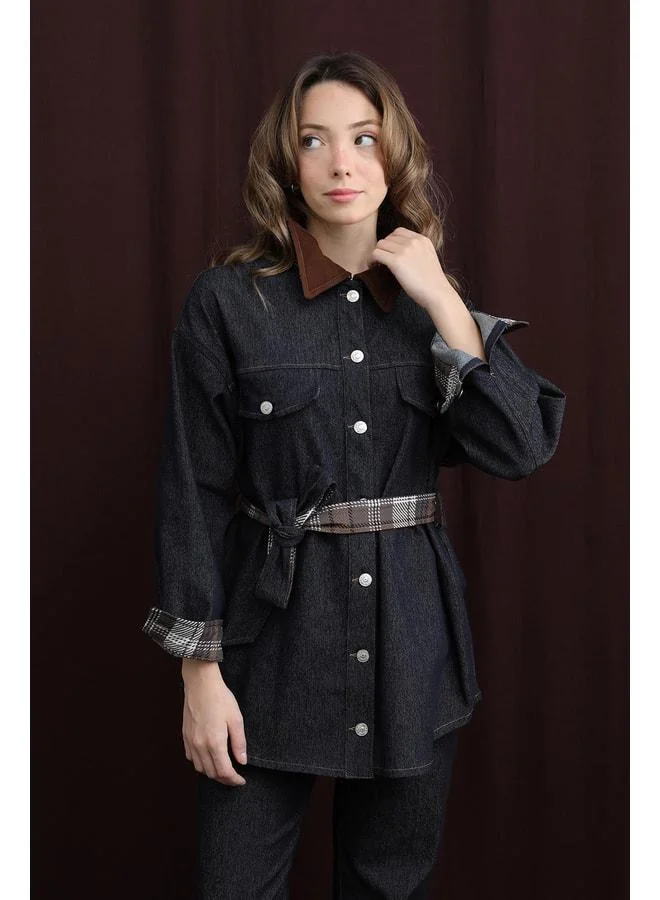Soul Women's Plaid Detailed Denim Jacket - 32413CKT - NAVY.