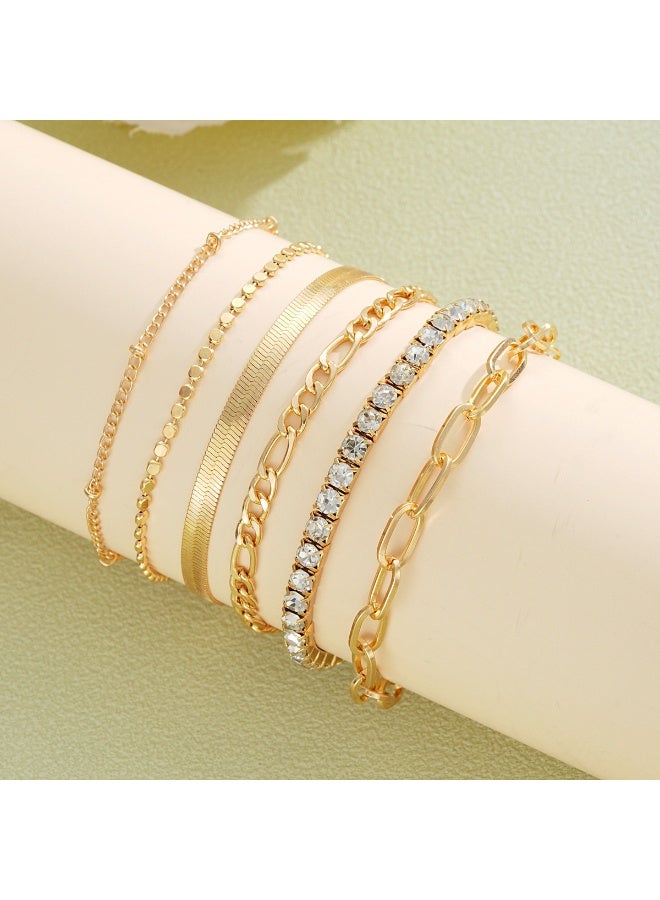 مجموعة 6 أساور ذهبية للنساء - سلاسل رقيقة قابلة للتركيب والضبط، أساور مطلية بمظهر متراصف للارتداء اليومي/الكاجوال/الحفلات - Image 1