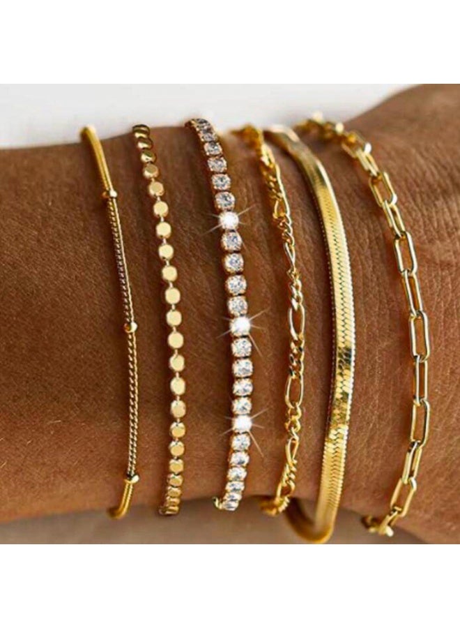 مجموعة 6 أساور ذهبية للنساء - سلاسل رقيقة قابلة للتركيب والضبط، أساور مطلية بمظهر متراصف للارتداء اليومي/الكاجوال/الحفلات - Image 3