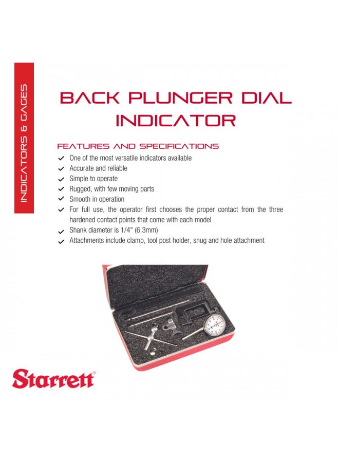 Starrett - Starrett Universal Dial Test Indicator Set with Back Plunger for Full Use - White Face, 0-50-0 Reading.200" Range, 0.001" Graduation, 1/4" Shank Diameter for Mounting - 196A5Z - Image 1