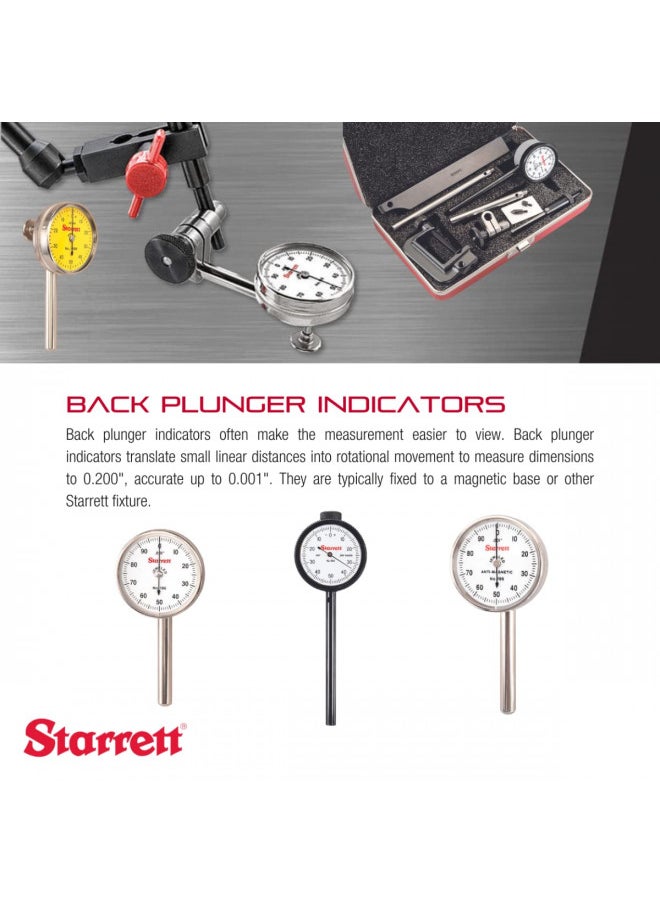 Starrett - Starrett Universal Dial Test Indicator Set with Back Plunger for Full Use - White Face, 0-50-0 Reading.200" Range, 0.001" Graduation, 1/4" Shank Diameter for Mounting - 196A5Z - Image 1