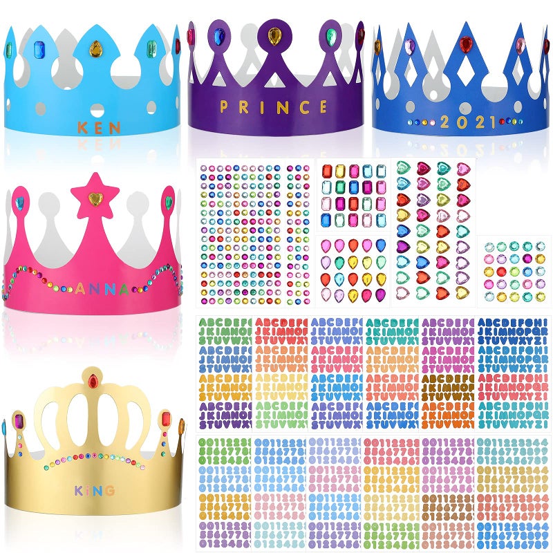 Chinco 38 Pieces Paper Crowns Princess Prince Hats Birthday Party Crowns Craft Jewels Gem Number Letter Sticker for DIY Classroom Decor - Image 2