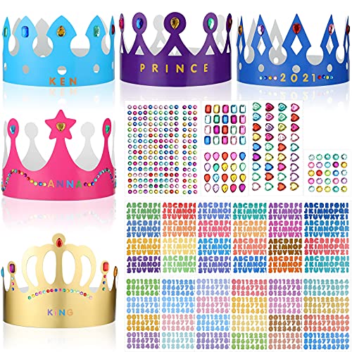 Chinco 38 Pieces Paper Crowns Princess Prince Hats Birthday Party Crowns Craft Jewels Gem Number Letter Sticker for DIY Classroom Decor - Image 1