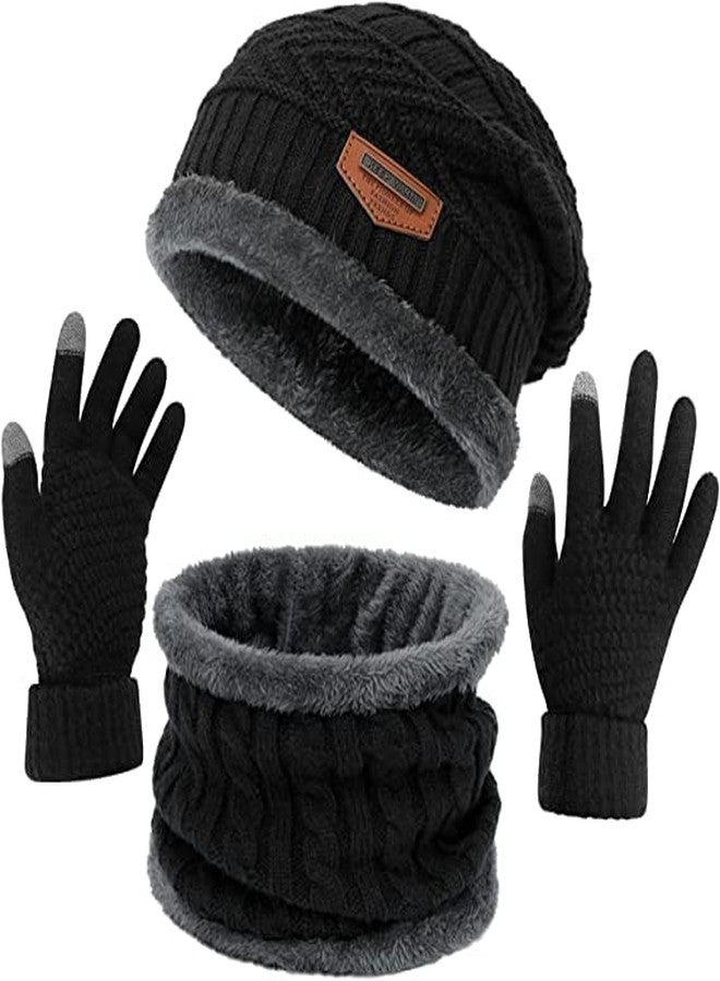 Missby® Winter Hat Scarf Gloves for Men Women - Fleece Lined Slouchy Beanie Snow Knit Skull Cap Circle Scarves Touch Screen Gloves (Black(NeckSet+Gloves)) - Image 1