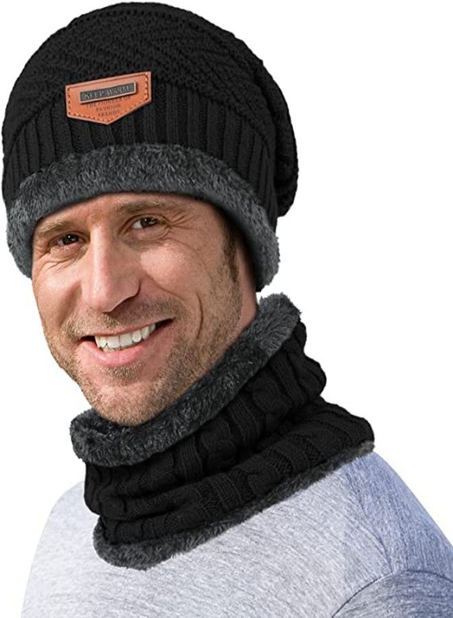 Missby® Winter Hat Scarf Gloves for Men Women - Fleece Lined Slouchy Beanie Snow Knit Skull Cap Circle Scarves Touch Screen Gloves (Black(NeckSet+Gloves)) - Image 4