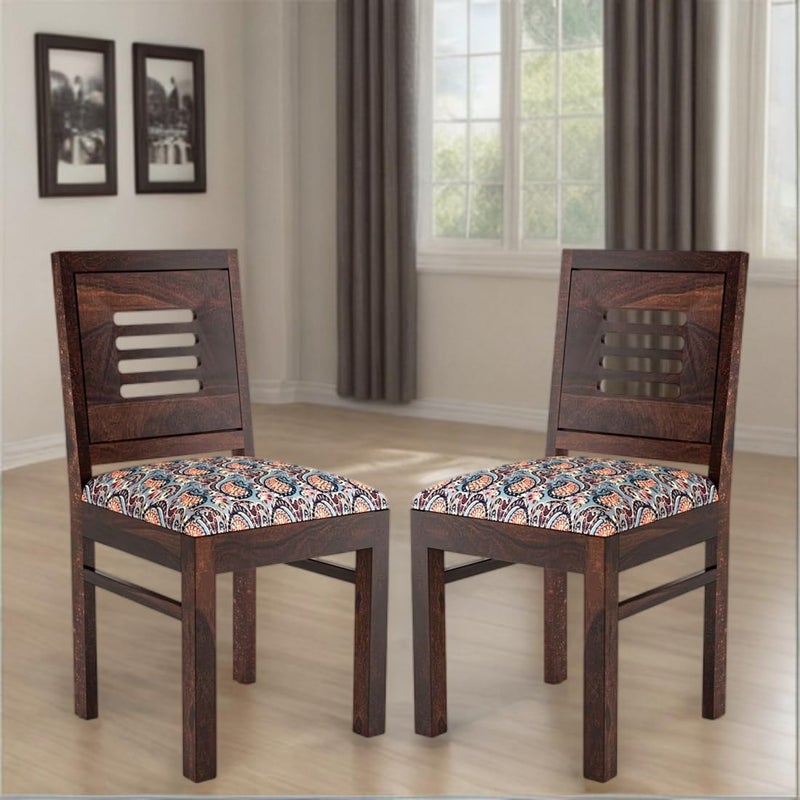 HANDWOOD FURNITURE Modern Home Furniture Solid Wood Dining Chair Chair Set of 2 Study Chair Chair for Home Office Walnut Finish with Printed Cushions Pre Assembled Ready to Use