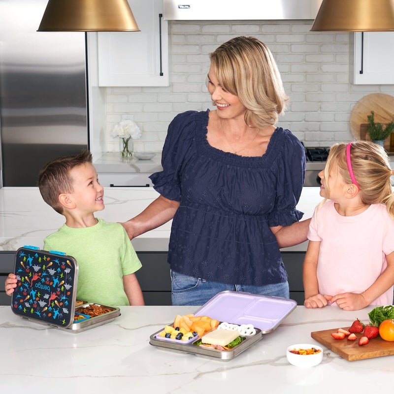 Bentgo Kids Stainless Steel Prints Leak-Resistant Lunch Box - 3-Compartment Bento Style Lunch Box with Bonus Container - Eco-Friendly, Dishwasher Safe, BPA-Free, Ages 3+ (Dinosaur) - Image 3