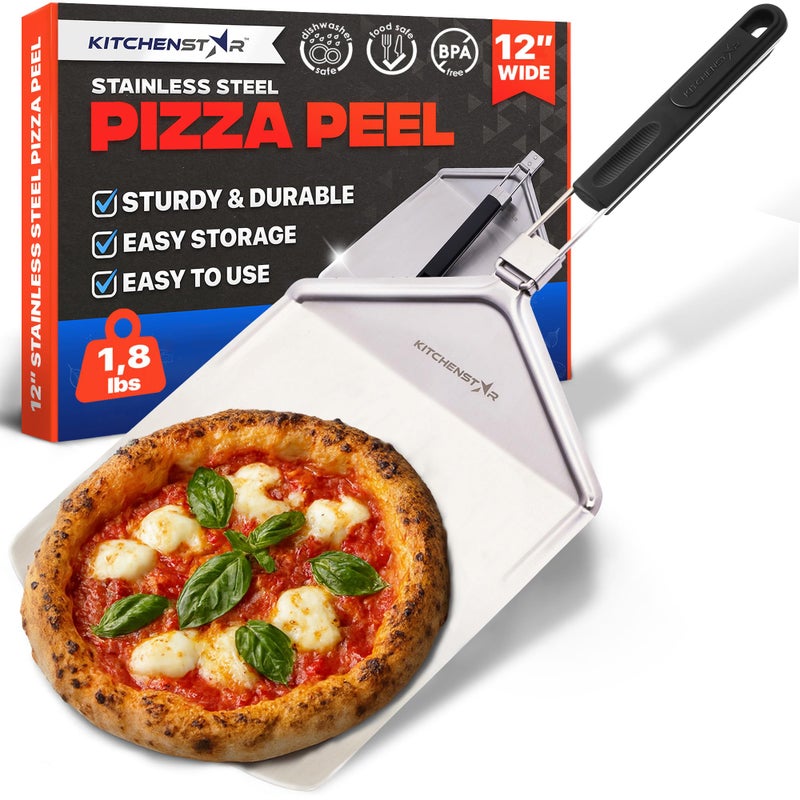 kitchen-star KitchenStar Stainless Steel Pizza Peel 12 inch with 10 inch Folding Handle Medium Spatula Paddle for Effortless Pizza Transfer Easy Storrage Outdoor Pizza Oven Accessories - Image 2