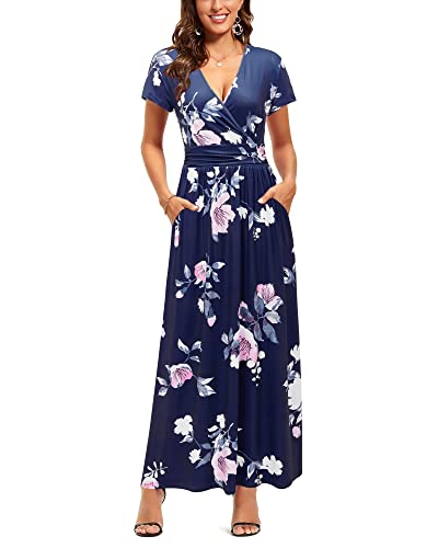 OUGES Women's V-Neck Pattern Pocket Maxi Long Dress(Floral-C,L) - Image 2
