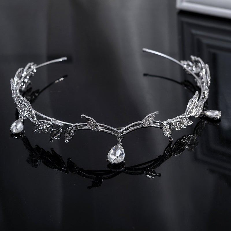 Ethereal Crown Leaf Drop Full Diamond Bridal Tiara Elf Princess Hair Hoop 