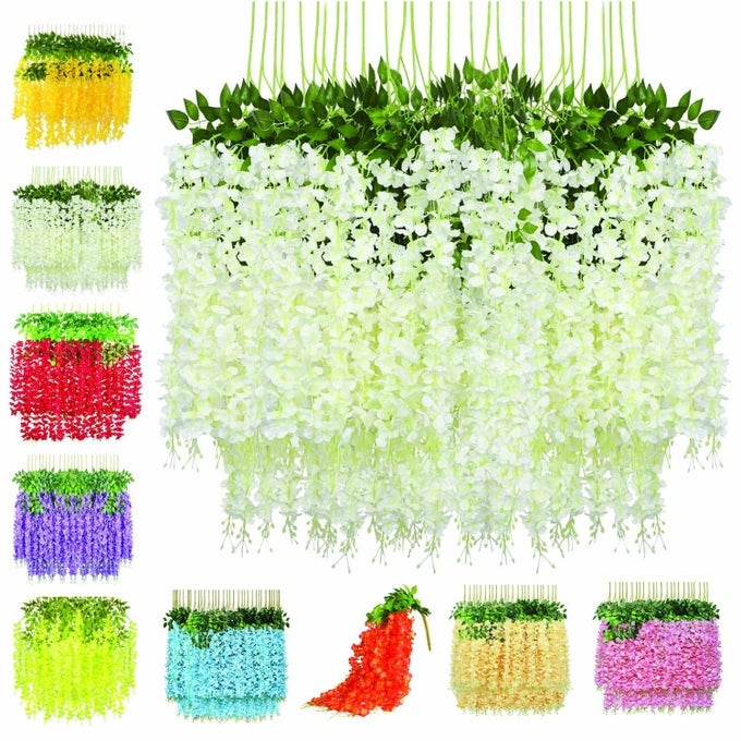 Water Proof Hanging Artificial Wisteria Flower Strings_Pack of 12_White Color_110 Cms_for Wedding_Party_Home_Ceiling_Balcony_Office_Wall Decor NWR19