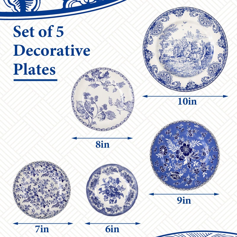 Yiyiring 5 Pcs Holland Wall Sculpture Plates for Wall Ceramic Vintage Blue and White Plates Set Vintage Dinnerware Set Dining Gifts Display Home Bedroom Office Art Ornament (Flowers) - Image 2