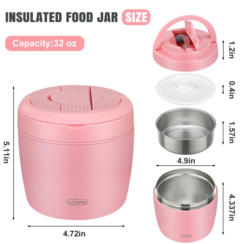 wiwens Thermo Food Jar for Hot Food Adults 32OZ Soup Thermo Lunch Containers Wide Mouth Vacuum Insulated Stainless Steel Leakproof Bento Box with Spoon (Pink2) - Image 5