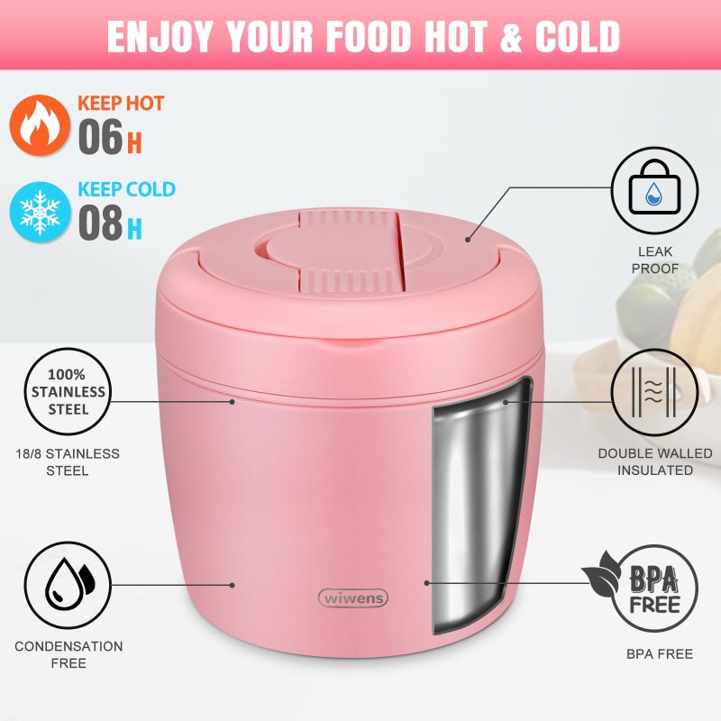 wiwens Thermo Food Jar for Hot Food Adults 32OZ Soup Thermo Lunch Containers Wide Mouth Vacuum Insulated Stainless Steel Leakproof Bento Box with Spoon (Pink2) - Image 3