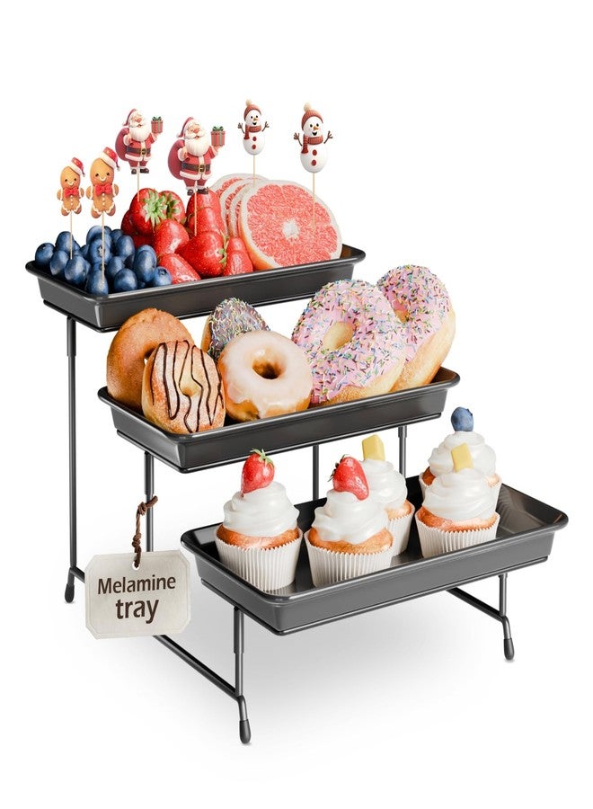 Bumusty 3-Tier Melamine Serving Tray Set, 11.5" x 5.6" Platters for Serving Food, Black Reusable Trays with Black Metal Display Stand for Cupcakes, Sevring Food, Dessert, Fruit, Cookie, Black - Image 1