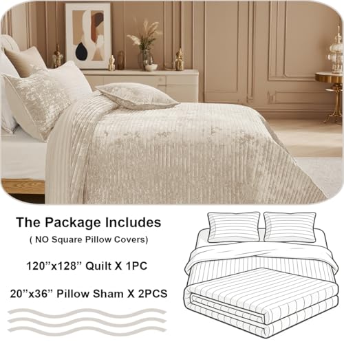 COCOPLOCEUS Quilt Set Oversized King Size 120x128 Luxurious Velvet Bedding Sets with 2 Pillow Shams 20x36 3 Pieces Ultra Soft Quilted Striped Bedspread Coverlet Comforter for All Season,Beige - Image 5