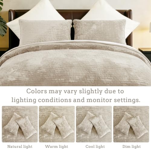 COCOPLOCEUS Quilt Set Oversized King Size 120x128 Luxurious Velvet Bedding Sets with 2 Pillow Shams 20x36 3 Pieces Ultra Soft Quilted Striped Bedspread Coverlet Comforter for All Season,Beige - Image 2