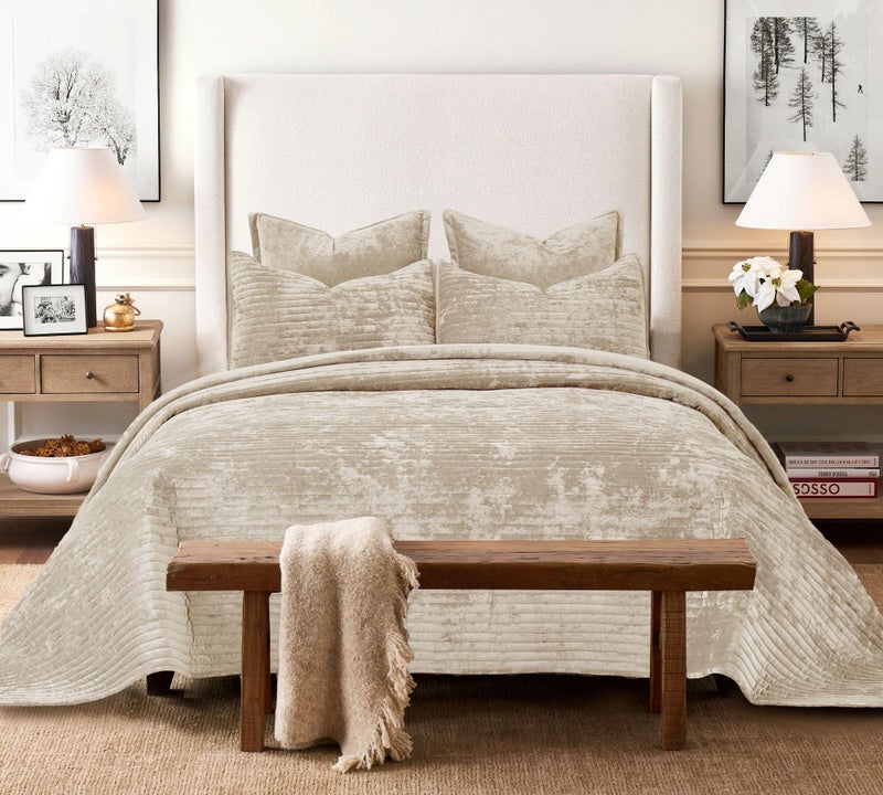 COCOPLOCEUS Quilt Set Oversized King Size 120x128 Luxurious Velvet Bedding Sets with 2 Pillow Shams 20x36 3 Pieces Ultra Soft Quilted Striped Bedspread Coverlet Comforter for All Season,Beige - Image 4
