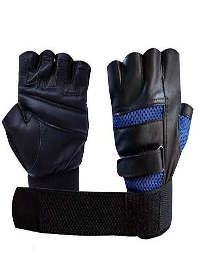 Drauss® Macho Unisex Professional Wrist Wrap Support Real Leather Tactical Thumb Stretch Back Weightlifting Gym Gloves for Palm and Wrist Protection (Blue) - Image 2