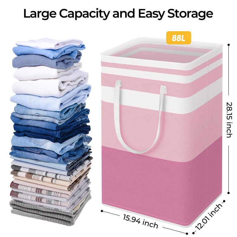 HomeHacks 2 Pack Large Laundry Baskets, Waterproof, Freestanding Laundry Hampers, Collapsible Clothes Hamper with Reinforced Handles in Laundry, College Dorm, Bathroom, Bedroom (Blue+Pink, 88Lx2) - Image 4