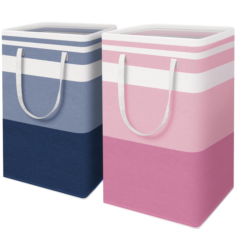 HomeHacks 2 Pack Large Laundry Baskets, Waterproof, Freestanding Laundry Hampers, Collapsible Clothes Hamper with Reinforced Handles in Laundry, College Dorm, Bathroom, Bedroom (Blue+Pink, 88Lx2) - Image 1
