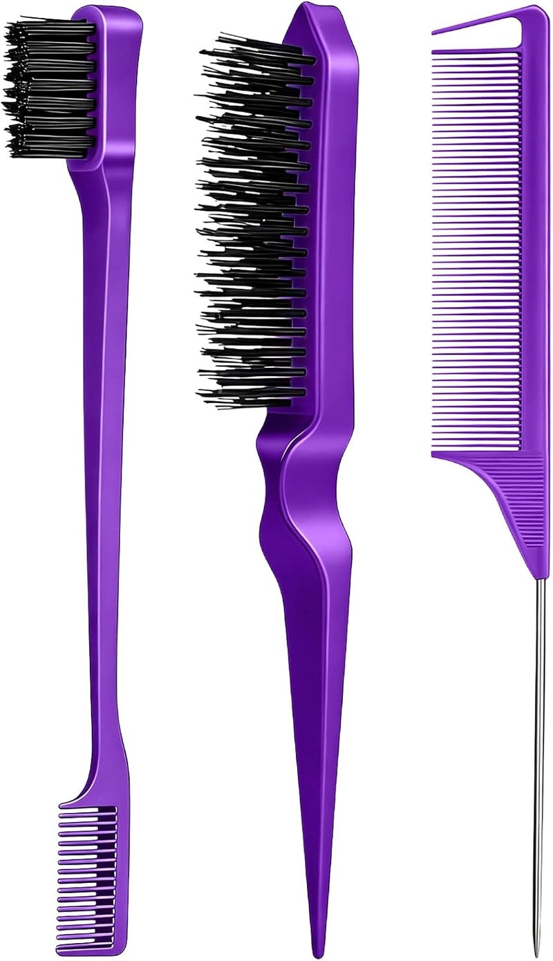 Goiple 3 Pieces Styling Comb Set for Women - Teasing Brush, Rat Tail Comb, Edge Brush for Slicking and Combing Hair (Purple) - Image 1