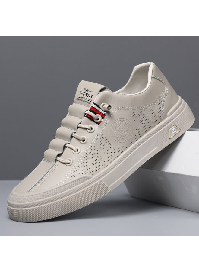 Men's E63 Beige Casual Leather Sneakers, Breathable Lightweight Shoes for Everyday Style - Image 1