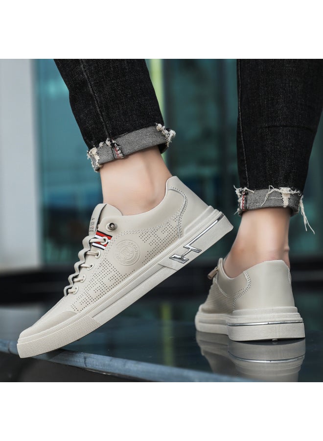 Men's E63 Beige Casual Leather Sneakers, Breathable Lightweight Shoes for Everyday Style - Image 4