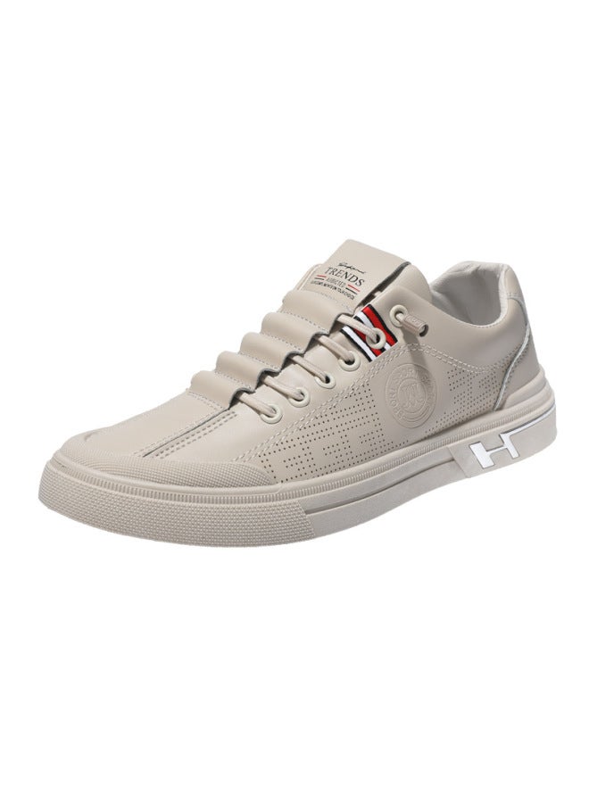 Men's E63 Beige Casual Leather Sneakers, Breathable Lightweight Shoes for Everyday Style - Image 5