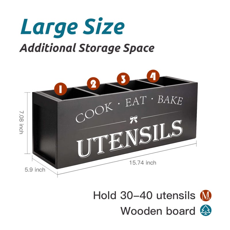 Suli Extra Large Kitchen Utensils Holder with 4 Compartments, Wooden Utensil Organizer for Kitchen Countertop, Farmhouse Kitchen Decor, Rustic Cooking Utensil - Black - Image 2