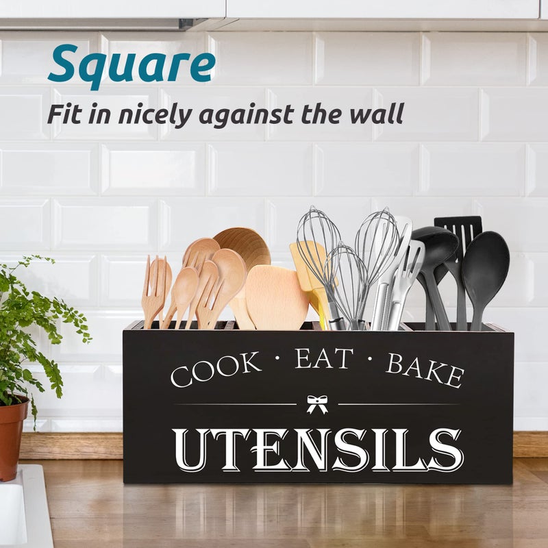 Suli Extra Large Kitchen Utensils Holder with 4 Compartments, Wooden Utensil Organizer for Kitchen Countertop, Farmhouse Kitchen Decor, Rustic Cooking Utensil - Black - Image 5