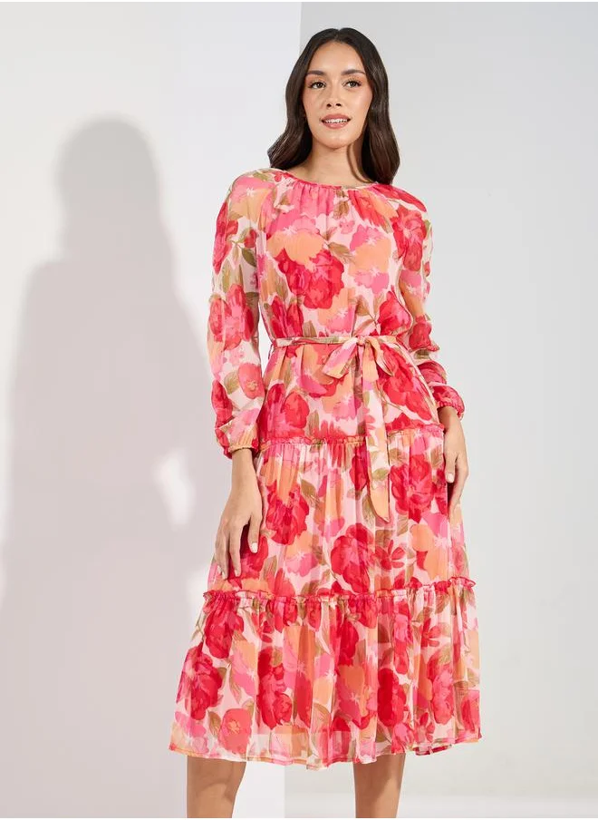 Styli Floral Tiered Midi Dress with Tie Belt