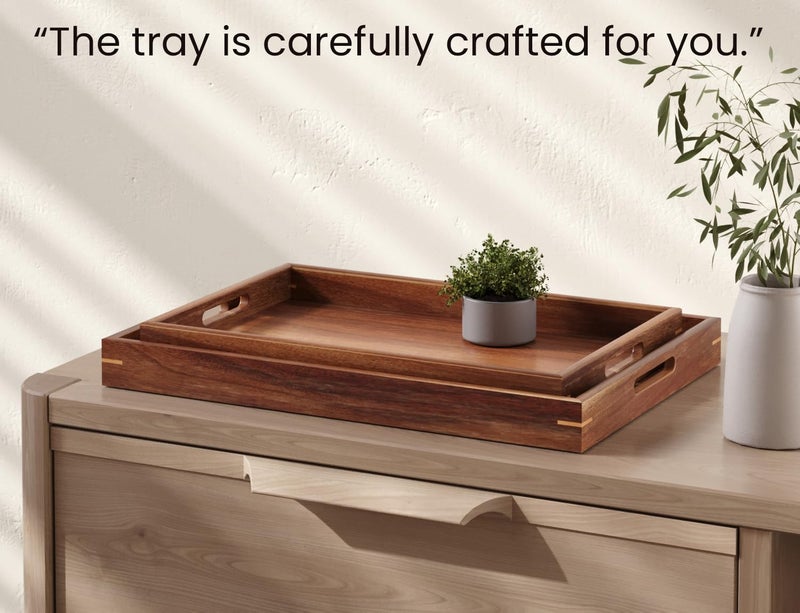 Fibogollo Set of 2 Acacia Wood Serving Tray with Handles,Decorative Trays Platter,Breakfast Tray in Bed,Food Drinks Tray for Eating,Working,Storing(Brown) - Image 5