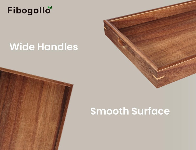 Fibogollo Set of 2 Acacia Wood Serving Tray with Handles,Decorative Trays Platter,Breakfast Tray in Bed,Food Drinks Tray for Eating,Working,Storing(Brown) - Image 2