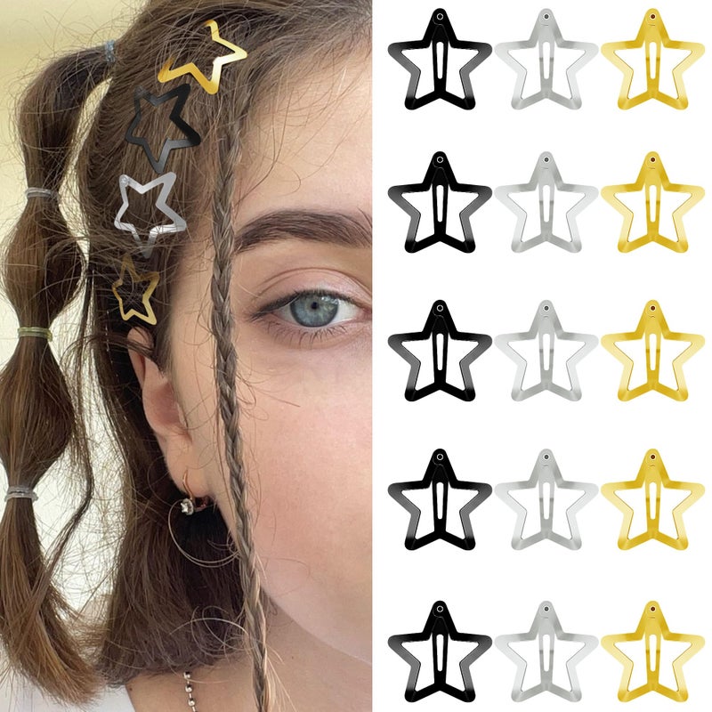 SAOROPEB Star Hair Clips 2000s Y2K Snap Hair Barrettes Non Slip Star Hair Accessories Black Gold Silver Metal Hair Clips for Girls Women -15 PCS 1.18" - Image 1