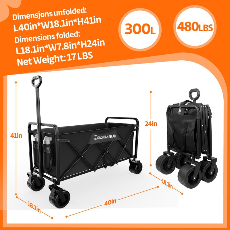 KACHUAN BEAR 300L Large Collapsible Wagons Carts with Big All-Terrain Beach Wheels, Foldable Shopping Wagon Cart, Heavy Duty 480lbs Load, Folding Utility Cart for Groceries Garden Sport (Black) - Image 4