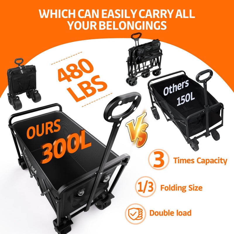KACHUAN BEAR 300L Large Collapsible Wagons Carts with Big All-Terrain Beach Wheels, Foldable Shopping Wagon Cart, Heavy Duty 480lbs Load, Folding Utility Cart for Groceries Garden Sport (Black) - Image 3