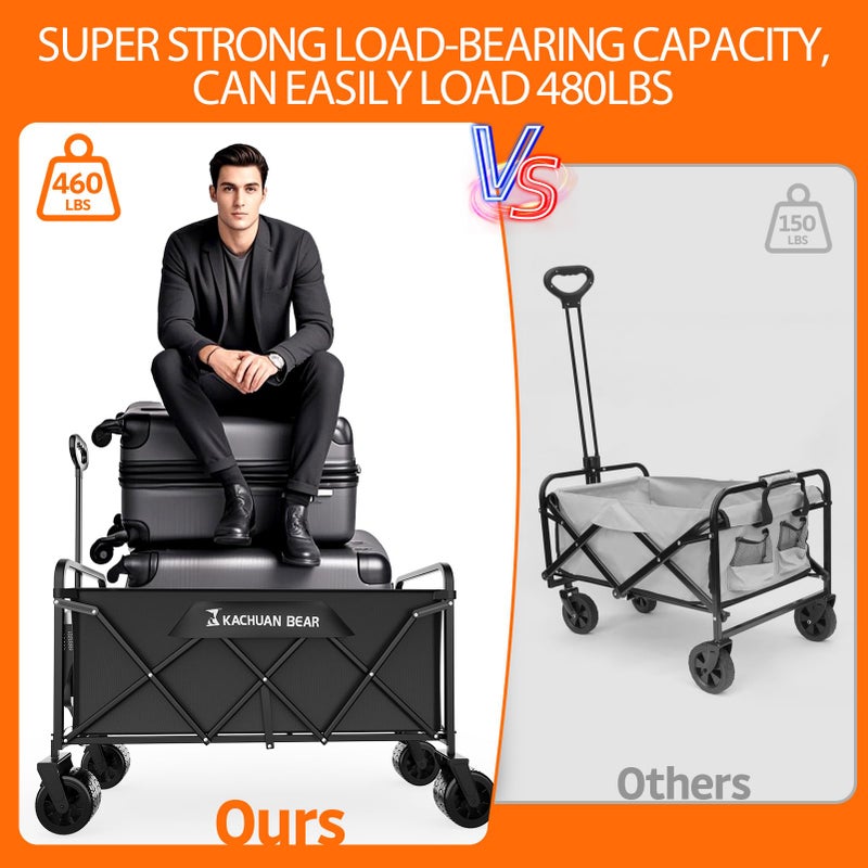 KACHUAN BEAR 300L Large Collapsible Wagons Carts with Big All-Terrain Beach Wheels, Foldable Shopping Wagon Cart, Heavy Duty 480lbs Load, Folding Utility Cart for Groceries Garden Sport (Black) - Image 2