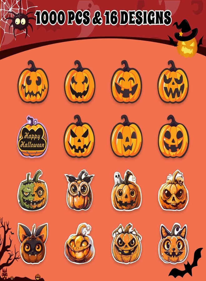 Byhoo Halloween Stickers for Kids,1000pcs Halloween Character Stickers with 16 Patterns of Pumpkin, Use for Decorating Halloween Party, Envelope Seals Label and Candy Bags Sealing - Image 2