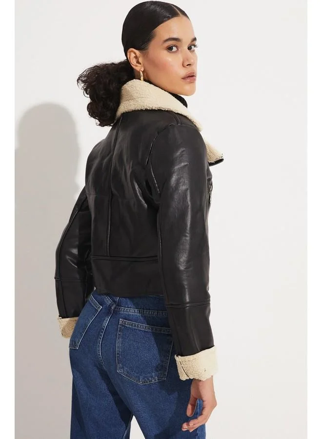 JUNE June Fur Lined Coat Black