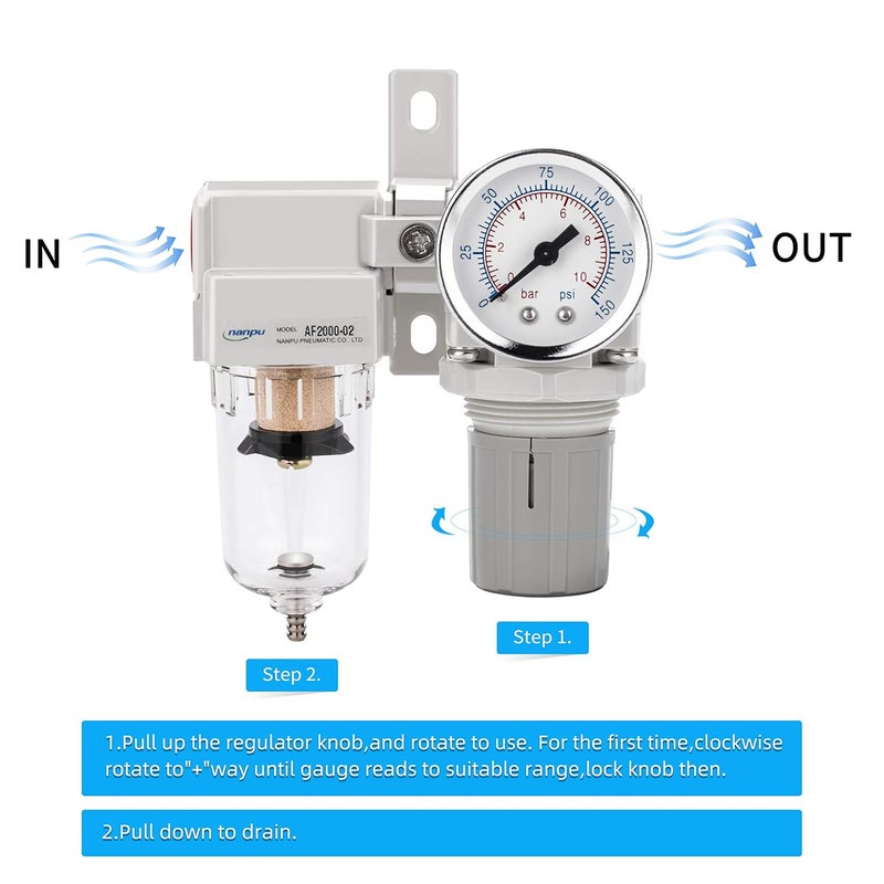 NANPU 1/4" NPT Compressed Air Filter Regulator Combo Piggyback, 5 Micron Element, Poly Bowl, Semi-Auto Drain, Bracket, Gauge (ARF2000) - Image 4