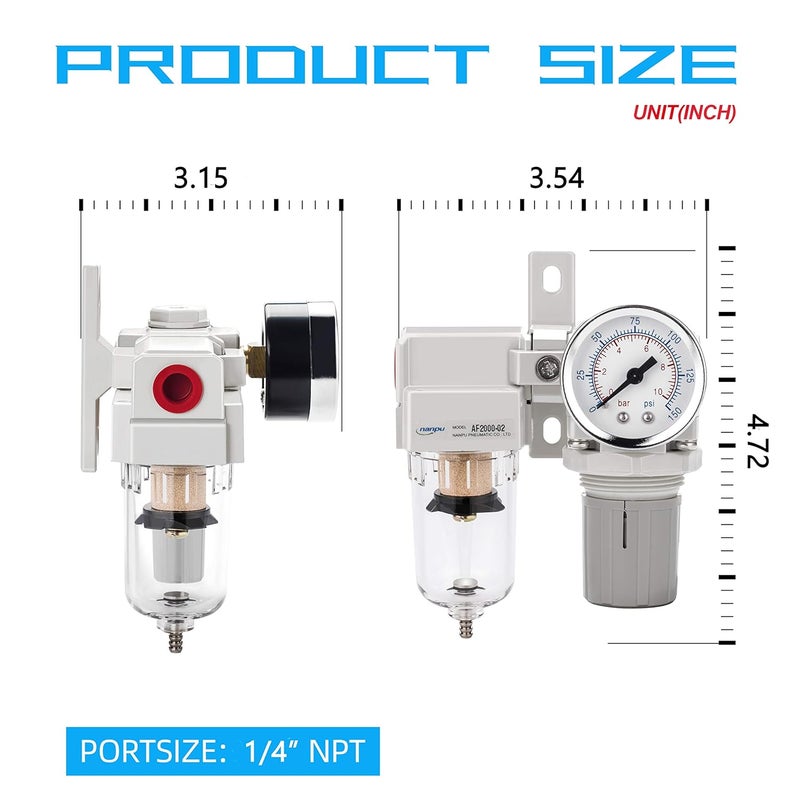 NANPU 1/4" NPT Compressed Air Filter Regulator Combo Piggyback, 5 Micron Element, Poly Bowl, Semi-Auto Drain, Bracket, Gauge (ARF2000) - Image 3