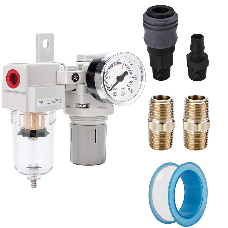 NANPU 1/4" NPT Compressed Air Filter Regulator Combo Piggyback, 5 Micron Element, Poly Bowl, Semi-Auto Drain, Bracket, Gauge (ARF2000) - Image 1
